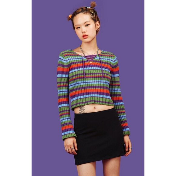 UNIF Sim striped lace up cropped sweater size XS - Picture 2 of 6